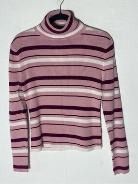 Vintage 90s Y2K Jessica Sport Pink Striped Ribbed Fitted Cotton Turtleneck L